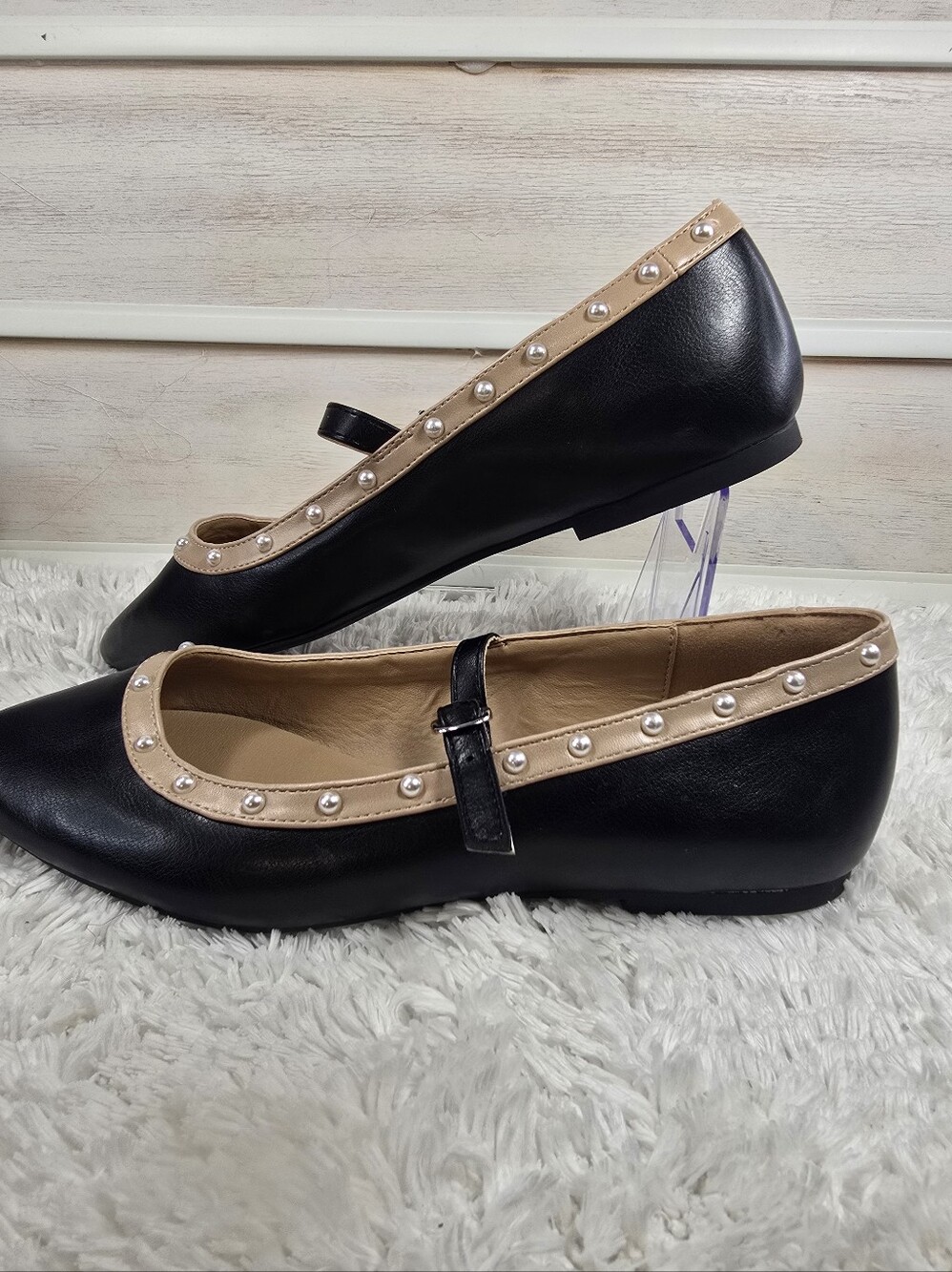 MICHAEL Michael Kors Black Mary Jane Flats with Pearl-Trim Beige Trim